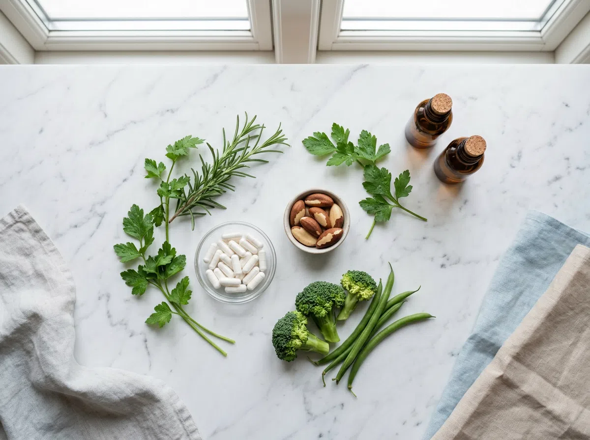 Naturliga ingredienser för kosttillskott för mäns välmående - magnesium, selen, örter på marmorbord