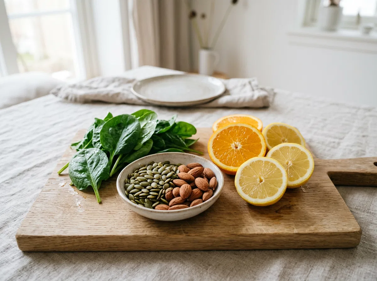 Zink- och vitamin C-rika livsmedel för manlig vitalitet - pumpakärnor, citrus, mandel