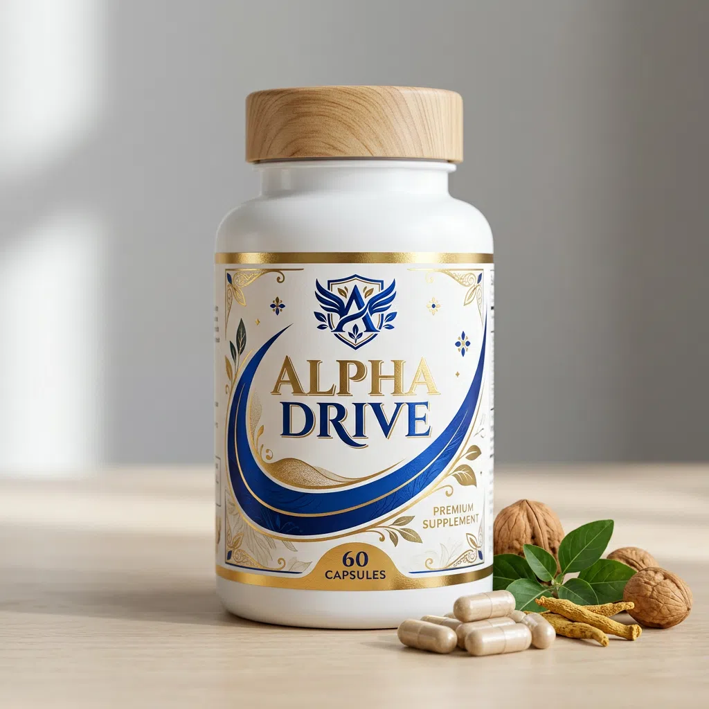 Alpha Drive kosttillskott - vit burk med hexagonal etikett, 60 kapslar